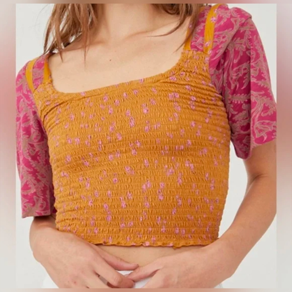 FREE PEOPLE Mustard Yellow Crop Top 3/4 wing Pink Floral Sleeves- Size XL *NWT - Picture 1 of 12
